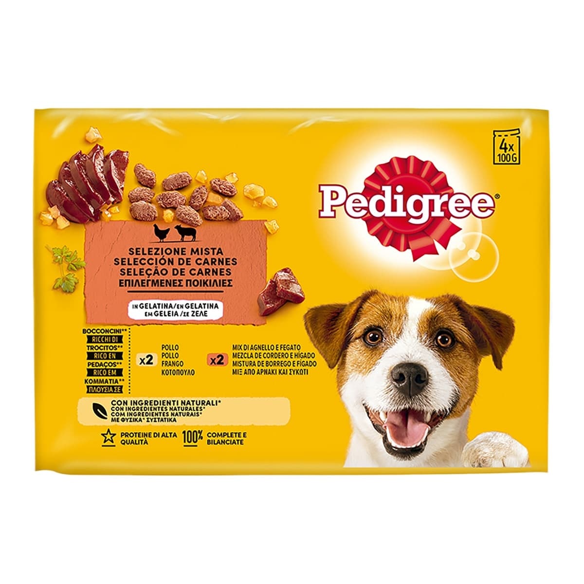Pedigree - Comida húmeda para perros Pedigree bolsitas selección carnes mixtas pollo y cordero en gelatina 4 x 100 g.