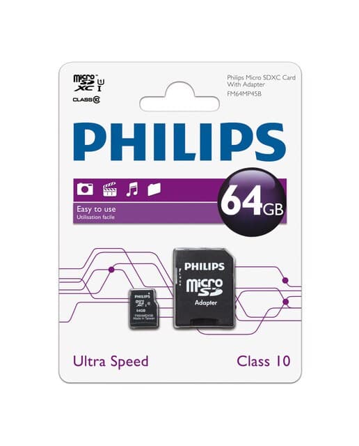 Philips - Tarjeta de memoria Philips Micro SDHC Clase 10 con adaptador de 64 GB.