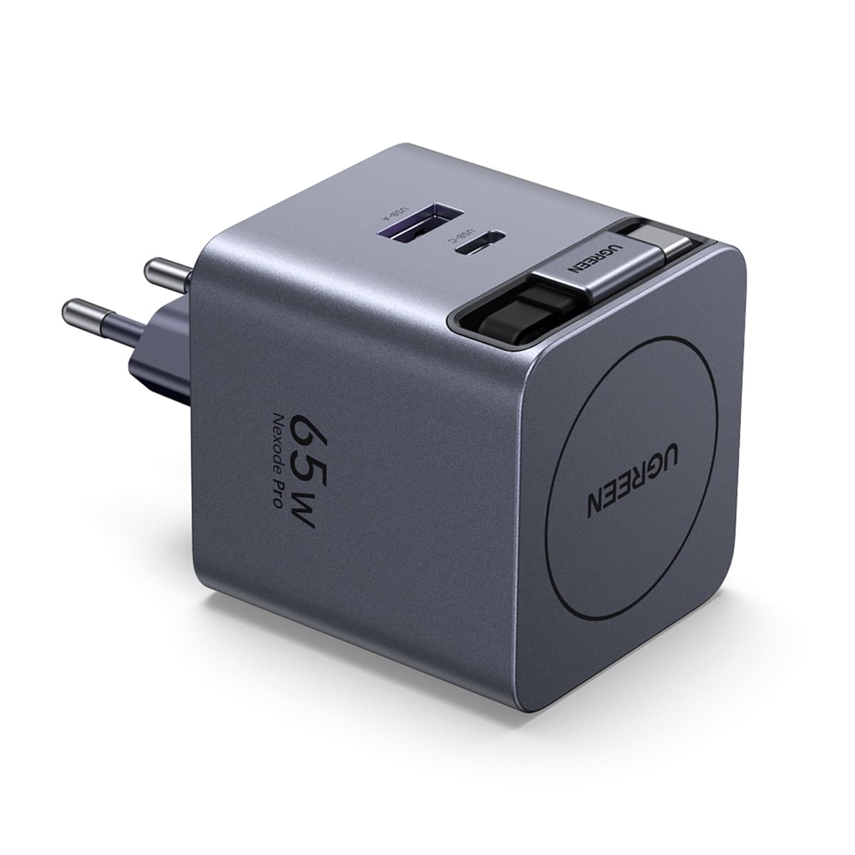 UGREEN - Cargador rápido Ugreen GaN de 65W, 1 USB-C y 1 USB-A con cable USB-C retráctil.