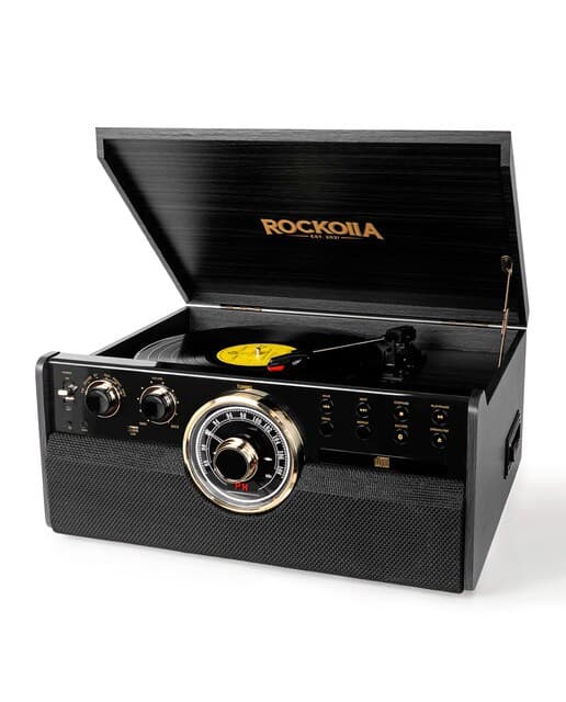 Rockolla - Tocadiscos Rockolla Vanguard con Bluetooth, CD, Radio, USB, Grabadora, Casete, MP3 y tarjetas SD.