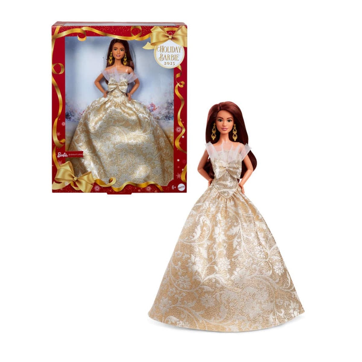 Barbie - Barbie Signature Barbie Felices fiestas 2025 pelo marrón oscuro con vestido dorado y plateado Mattel.