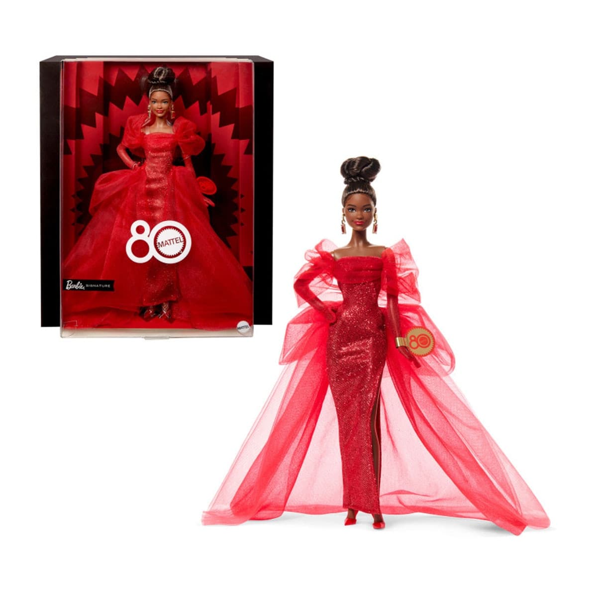 Barbie - Barbie Signature 80 aniversario con vestido largo de tul rojo brillante pelo moreno Mattel.