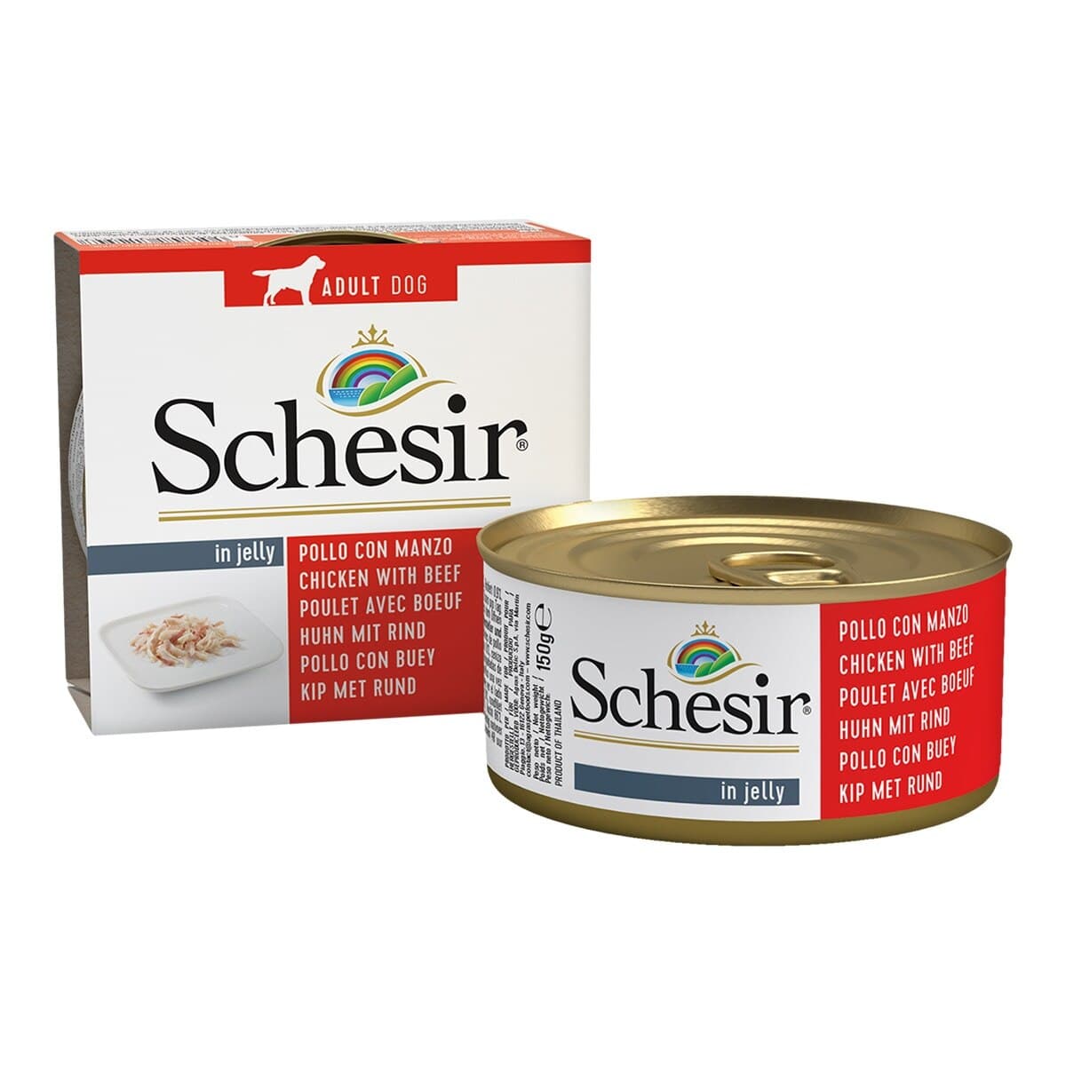 Schesir - Comida húmeda para perros adultos Schesir filetes de pollo con buey en gelatina 150 g.