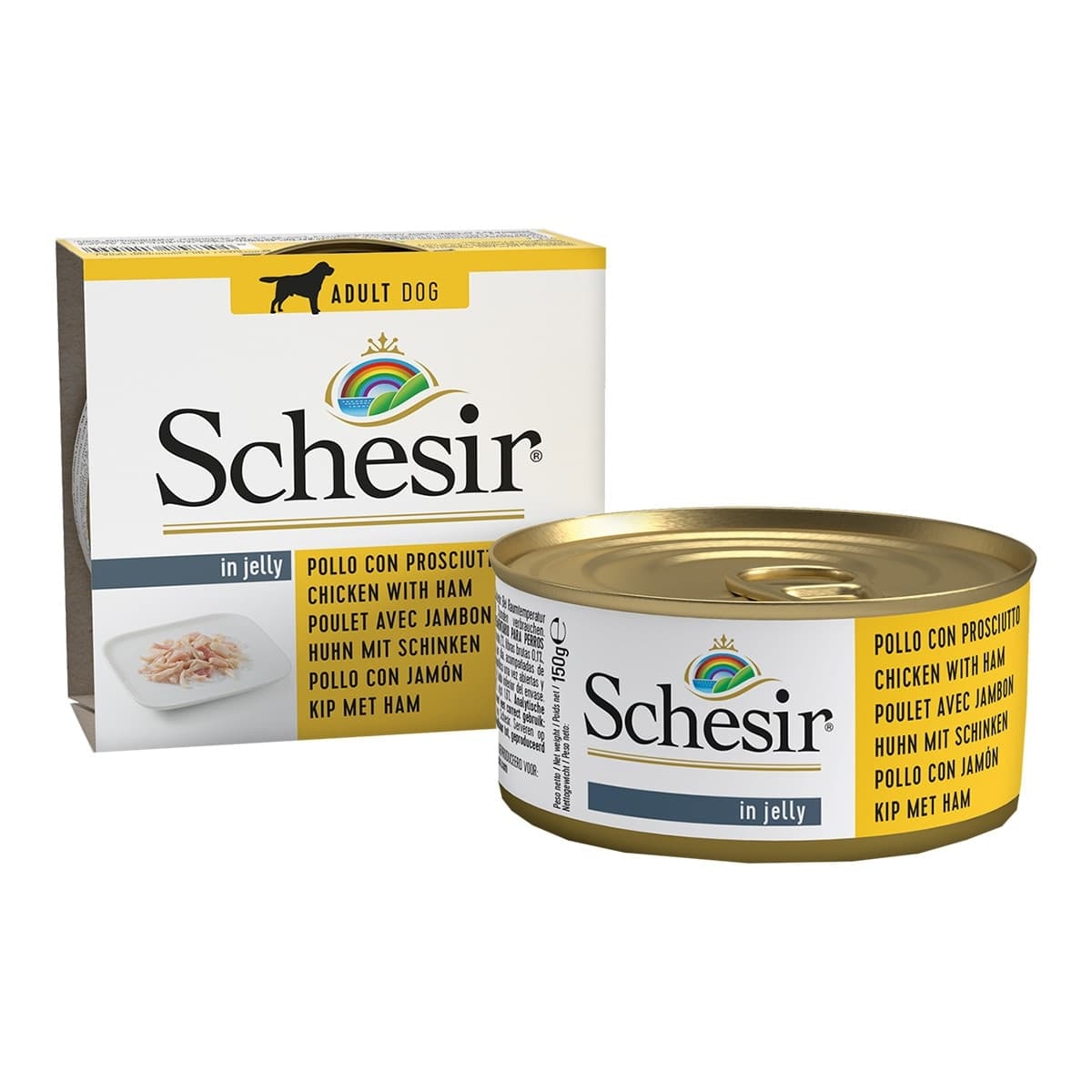 Schesir - Comida húmeda para perros adultos Schesir filetes de pollo con jamón en gelatina 150 g.