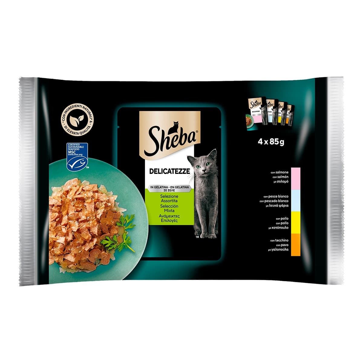 Sheba - Comida húmeda para gatos adultos Sheba Delicatezze gelatina selección aves 4 x 85 g.