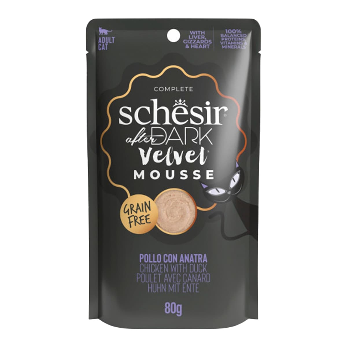 Schesir - Comida húmeda para gatos adultos Schesir After Dark pato y pollo 80g.