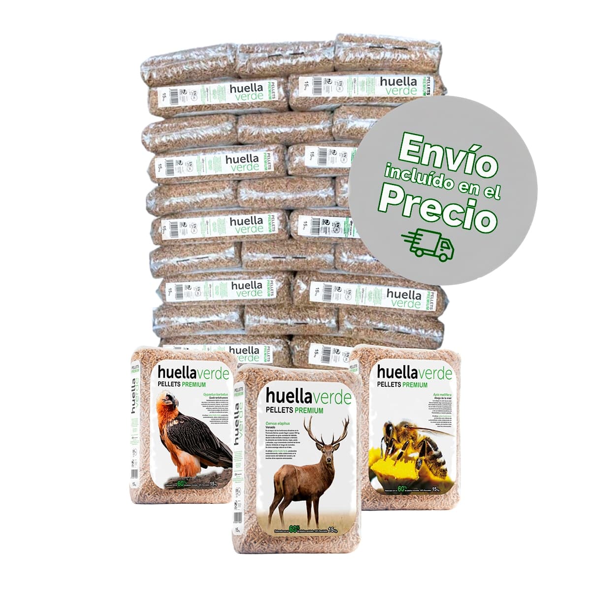 HUELLA VERDE - Palet Pellets de Madera Natural 77 Uds de 15 kg c-u.