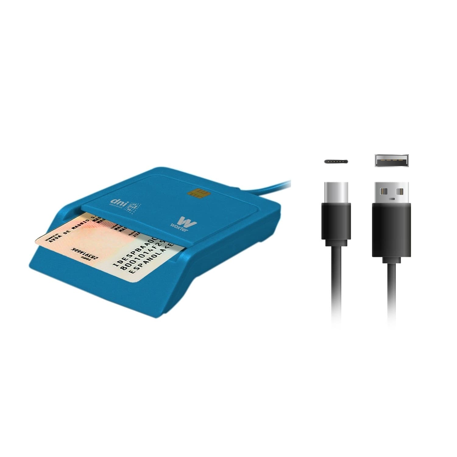 WOXTER - Lector DNI Electrónico Woxter, Lector DNIe USB C + Adaptador USBC a USB A Azul.