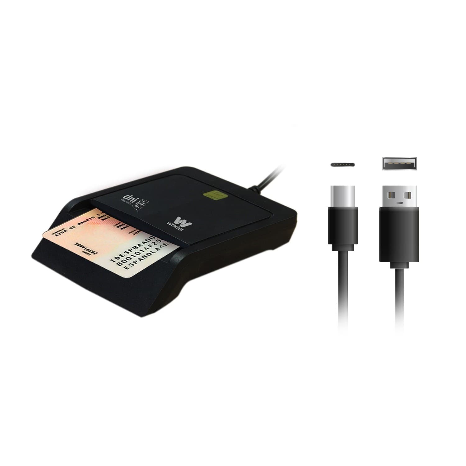 WOXTER - Lector DNI Electrónico Woxter, Lector DNIe USB C + Adaptador USBC a USB A Negro.