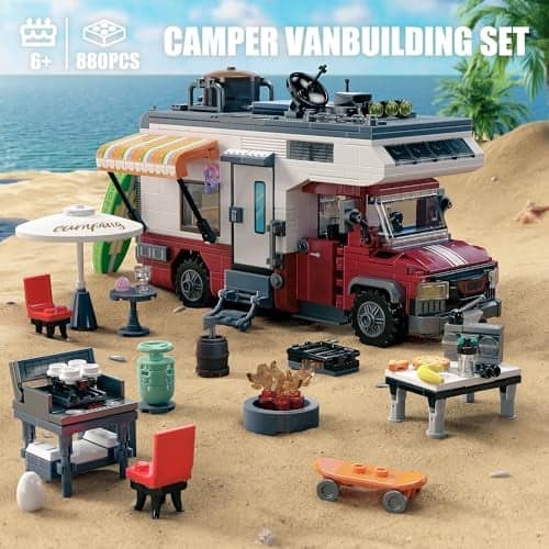 Jeu de Construction Véhicule de Camping Car 880 Pièces Maquette Voiture d'Aventures City avec Lumières et Accessoires Créative Cadeau Jouet pour Enfants Garçons Filles Dès 6 Ans - Image 3
