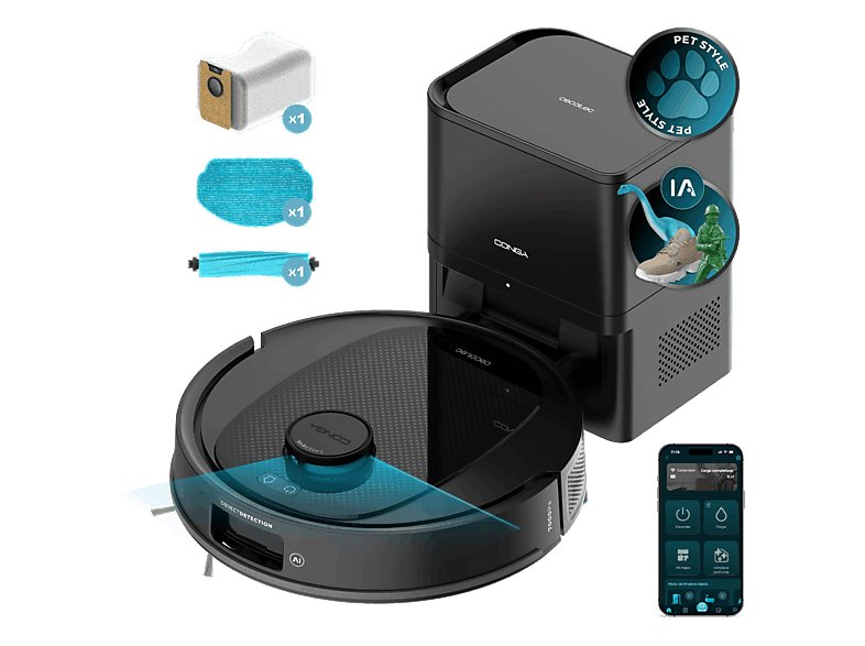 Robot friegasuelos - Cecotec Conga Y80, Navegación inteligente, Programable, 13000 Pa succión, Base de 2,5L, Cepillo para mascotas, Negro - Image 1