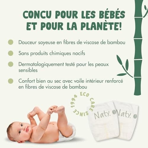 Naty Bamboo - Couches pour Bébé en fibres de viscose de bambou – Douceur soyeuse, Couches à base de plantes, Testées dermatologiquement pour peau sensible et super absorbantes (Taille 1, 88 unités) - Image 5