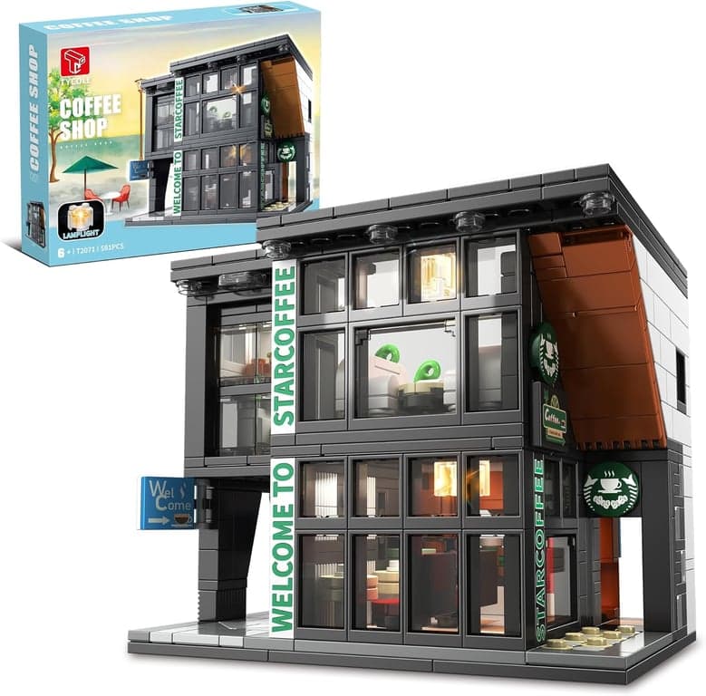 Café City Jeu de Construction avec Éclairage LED, 581 Pièces Architecture Modèle Coffee Maison, Cadeau pour Enfants, Garçons, Filles et Adultes à partir de 6 Ans, Jouet Décoration - Image 1