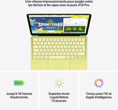 Ordinateur Apple MACBOOK Neo Puce A18 Pro CPU 6 / GPU 5 coeurs Mémoire RAM 8Go Stockage 256Go SSD Jaune agrume - Image 9