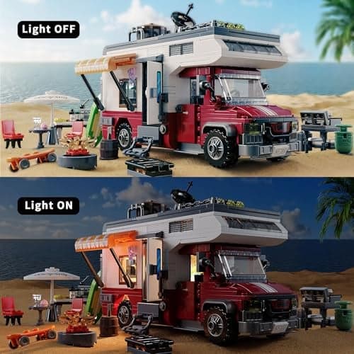 Jeu de Construction Véhicule de Camping Car 880 Pièces Maquette Voiture d'Aventures City avec Lumières et Accessoires Créative Cadeau Jouet pour Enfants Garçons Filles Dès 6 Ans - Image 4