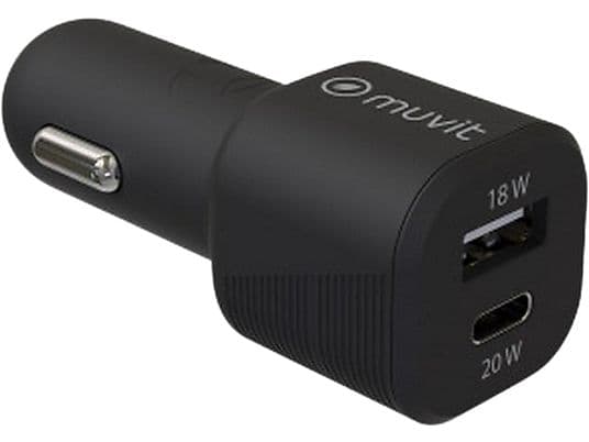 Cargador USB para coche - Muvit MCDCC0010, USB-A y USB-C, Universal, 20W, Negro - Image 2