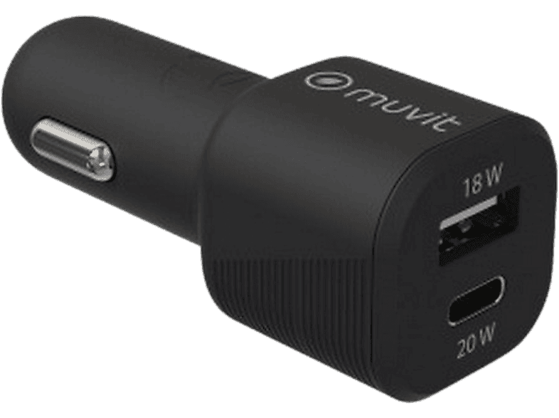 Cargador USB para coche - Muvit MCDCC0010, USB-A y USB-C, Universal, 20W, Negro - Image 1