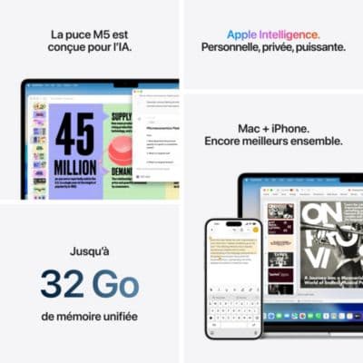 Ordinateur Apple MACBOOK Air 15" Puce M5 CPU 10 / GPU 10 coeurs Mémoire RAM 16Go Stockage 512Go SSD Minuit - Image 8