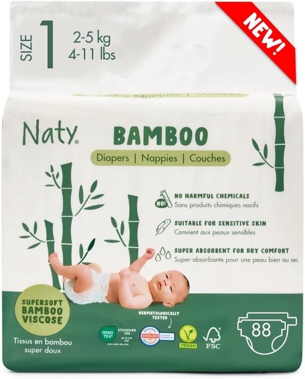 Naty Bamboo - Couches pour Bébé en fibres de viscose de bambou – Douceur soyeuse, Couches à base de plantes, Testées dermatologiquement pour peau sensible et super absorbantes (Taille 1, 88 unités) - Image 1