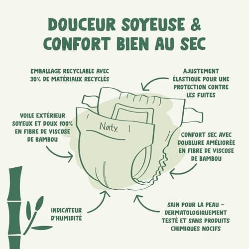 Naty Bamboo - Couches pour Bébé en fibres de viscose de bambou – Douceur soyeuse, Couches à base de plantes, Testées dermatologiquement pour peau sensible et super absorbantes (Taille 1, 88 unités) - Image 4
