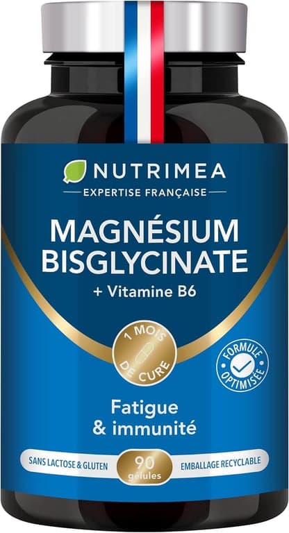 Magnésium Bisglycinate + Vitamine B6 - Sommeil, Stress, Fatigue - Absorption Maximale & Assimilation Facilitée - 90 Gélules Vegan - Nutrimea - Fabriqué en France - Image 1