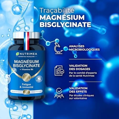 Magnésium Bisglycinate + Vitamine B6 - Sommeil, Stress, Fatigue - Absorption Maximale & Assimilation Facilitée - 90 Gélules Vegan - Nutrimea - Fabriqué en France - Image 6