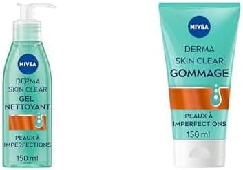 Lot NIVEA Derma Skin Clear Gel nettoyant visage (1 x 150 ml) — Soin nettoyant anti points noirs + Derma Skin Clear Gommage Visage (1 x 150 ml)— Soin visage exfoliant pour peaux à imperfections