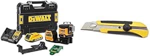 DeWalt - Multiline Laser 3x360° 12V Li-Ion 2Ah - Wireless Self-Leveling Laser Level 4° with Green Beams - Accuracy +/-3mm@10m & Stanley 0-10-425 Cutter 25mm Bi-material Dynagrip