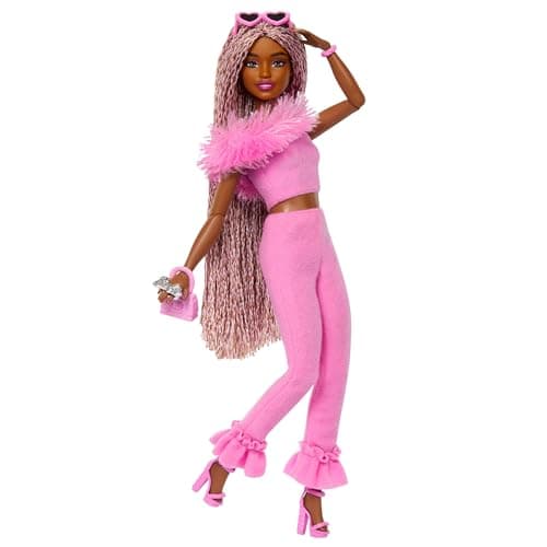 Barbie Deluxe Style Barbiecore Doll, Brown and Pink Braids, Faux Fur Neck Top Set, Fabric Trousers and Costume Accessories, HYV28 - Image 2