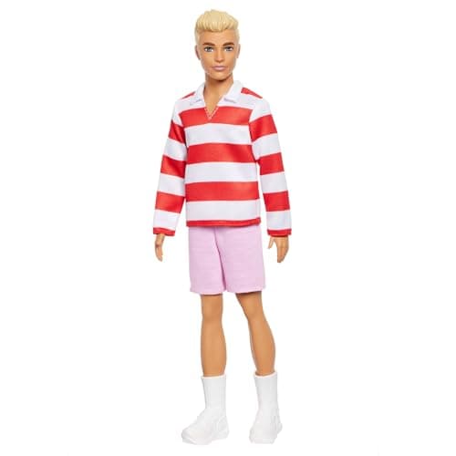 Barbie Ken Fashionistas Doll with Blonde Hair, Wearing Red and White Striped Polo Shirt with Pink Shorts, White Sports Socks and Sneakers, HYV01 - Image 6