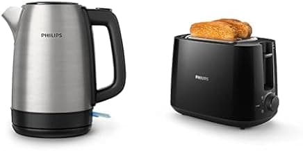 Philips Philips HD9350 / 90 bouilloire (2200 watts, 1,7 litres, en acier inoxydable) & HD2581/90 Grille-pain Daily Collection, 8 réglages, Access, réchauffe-viennoiseries intégré, Design compact - Noir