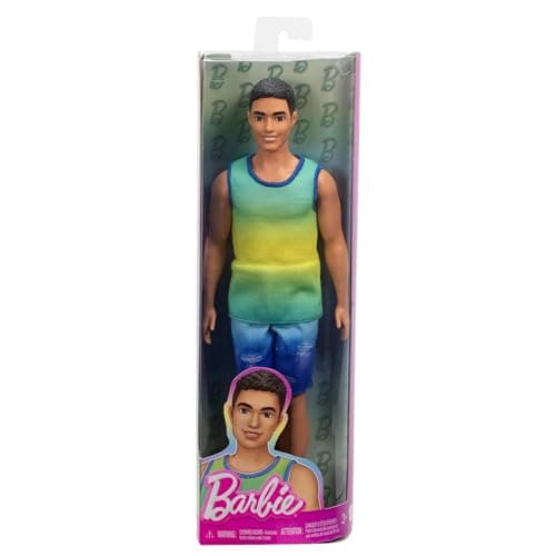 Barbie Fashionistas Ken Doll with Black Hair, Blue and Green Gradient Tank Top, Denim Shorts and Silver Sneakers, HYV00 - Image 8
