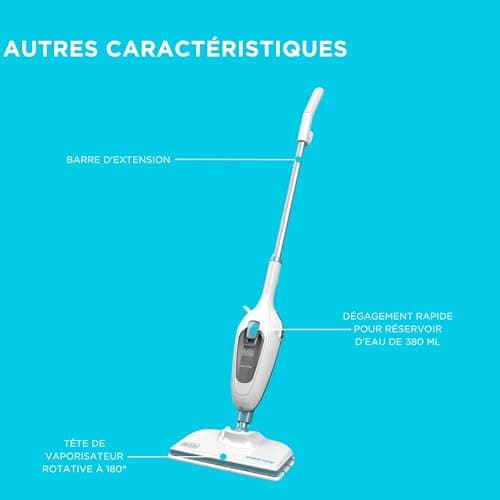 BLACK+DECKER - Balai Vapeur avec Patin Microfibre - Nettoyeur de Sol 1300W - Multi-Surfaces - Temps de Chauffe 25 sec - Tête Pivotante 180° - Réservoir 380 ml - Nettoyage Parfait - FSM13E1-QS - Image 7