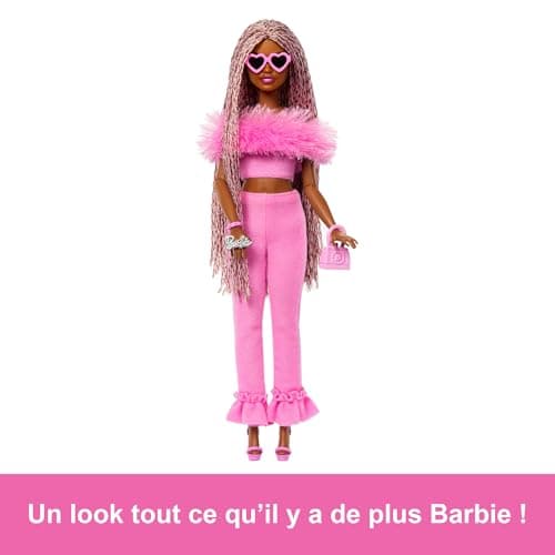 Barbie Deluxe Style Barbiecore Doll, Brown and Pink Braids, Faux Fur Neck Top Set, Fabric Trousers and Costume Accessories, HYV28 - Image 6