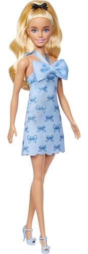 Barbie Barbie Fashionistas Baby Blue Halter Dress Doll with Blonde Wavy Ponytail, Black Bow and Matching Blue Heels - Image 2