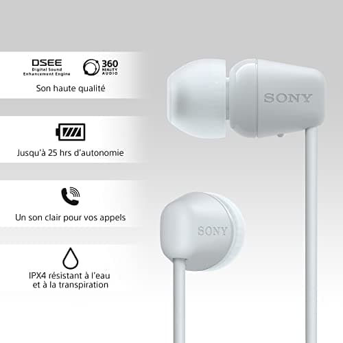 Sony WI-C100 Wireless Bluetooth Earphones - Up to 25 Hours of Battery Life - Built-in Microphone for Phone Calls - Compatible with Voice Assistants - White - Image 6