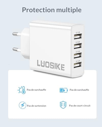 Multi-USB-A Charger, 4-Port USB Mains Socket 5V/3.1A for Kindle Smart Watch Earphones iPhone Samsung iPad, 15.5 W Multi-Socket Charger Multi Adapter Dual Fast Power Supply - Image 7