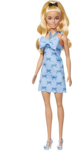 Barbie Barbie Fashionistas Baby Blue Halter Dress Doll with Blonde Wavy Ponytail, Black Bow and Matching Blue Heels - Image 6