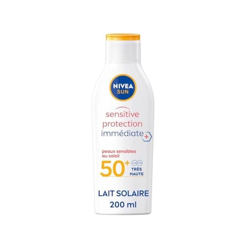 NIVEA SUN Lait solaire Sensitive protection immédiate FPS 50+ (1x200 ml), protection anti UV non parfumée & résistante à l’eau, écran solaire texture légère non grasse pour peaux sensibles - Image 3