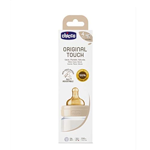 Chicco Original Touch Anti-Colic Bottle with Rubber Teat, 100% Natural Rubber Teat, 4 Months Adjustable Flow Bottle + Bottle with Plastic Bottle 330 ml, Beige - Image 4