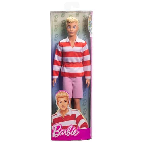 Barbie Ken Fashionistas Doll with Blonde Hair, Wearing Red and White Striped Polo Shirt with Pink Shorts, White Sports Socks and Sneakers, HYV01 - Image 7