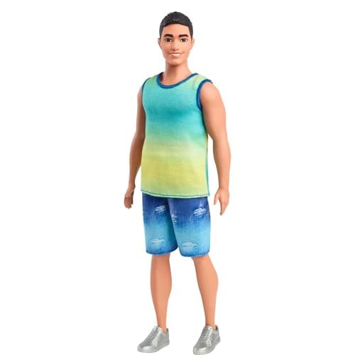 Barbie Fashionistas Ken Doll with Black Hair, Blue and Green Gradient Tank Top, Denim Shorts and Silver Sneakers, HYV00 - Image 2