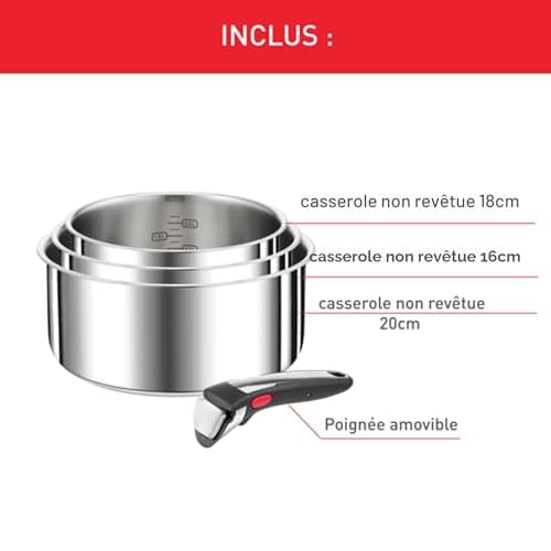 Tefal Ingenio Set of 4 Pans 16/18/20 cm + 1 Removable Handle, Induction, Stainless Steel, Stackable, Space-Saving, Preference On L898S334 - Image 4