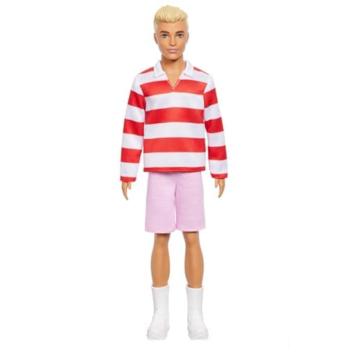 Barbie Ken Fashionistas Doll with Blonde Hair, Wearing Red and White Striped Polo Shirt with Pink Shorts, White Sports Socks and Sneakers, HYV01 - Image 5