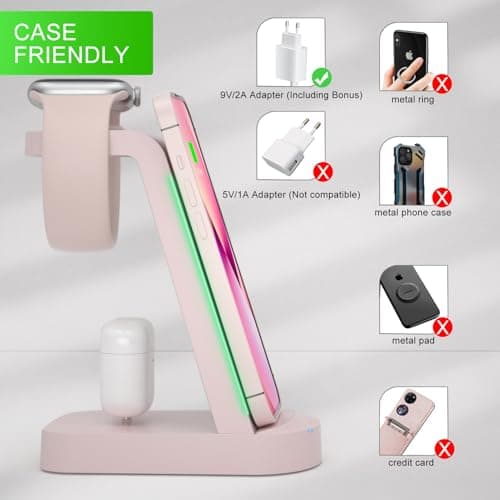 3 in 1 Induction Charger, INNISTO Fast Charger Induction Charger Station Compatible with iPhone 17/16/15/14/13/12Pro/Pro Max, Apple Watch Ultra/10/9/8/7/SE/SE2/6/5/4 AirPods321/Pro1 Pink - Image 5