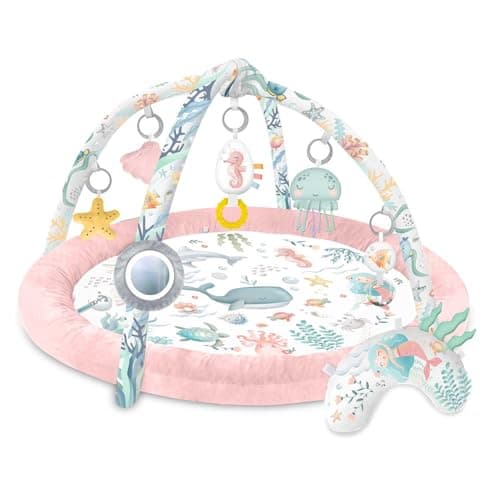 Nukido Baby Play Mat with Removable Arches 7 Multifunctional Toys Soft Cushion Sensory Development Hand Eye Coordination Pink Ocean - Image 5