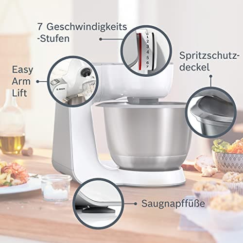 BOSCH MUM58W20 Series 4, Extra Powerful Motor Pastry Processor, 3D Planetary Movement, Mixing Bowl, 7 Speeds + Turbo, 1000 W, White/Silver - Image 4