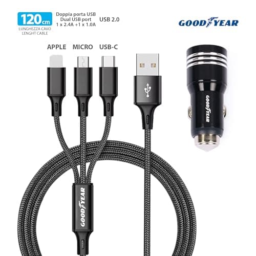 Goodyear 3 in 1 Lightning/Micro USB/USB-C Dual USB Cigarette Lighter Socket Charger 120cm Cable for Car - Image 3