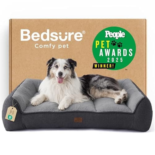 Bedsure Washable Large Dogs Bed, 106 x 76 cm, Extra Thick and Supported Dog Sofa with Waterproof Cover, Non-Slip Soft Sherpa Plush Bed, Dark Grey - Image 3
