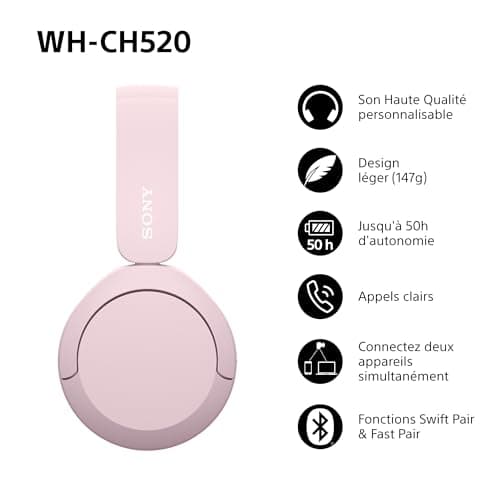 Sony WH-CH520 - Wireless Bluetooth Headphones, Multipoint, Built-in Mic - Up to 50 Hours of Battery Life and Fast Charge - Pink - Image 3